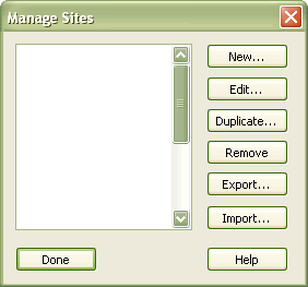 Manage Sites window