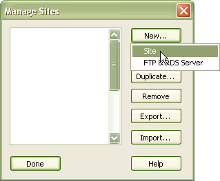 Manage Sites window - New Button