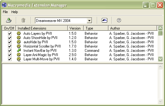 The Macromedia Extension Manager interface