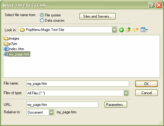 The Select The File to Link dialog
