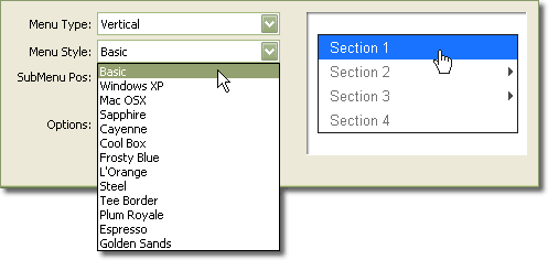 Choosing the Basic Style for a Vertical Menu