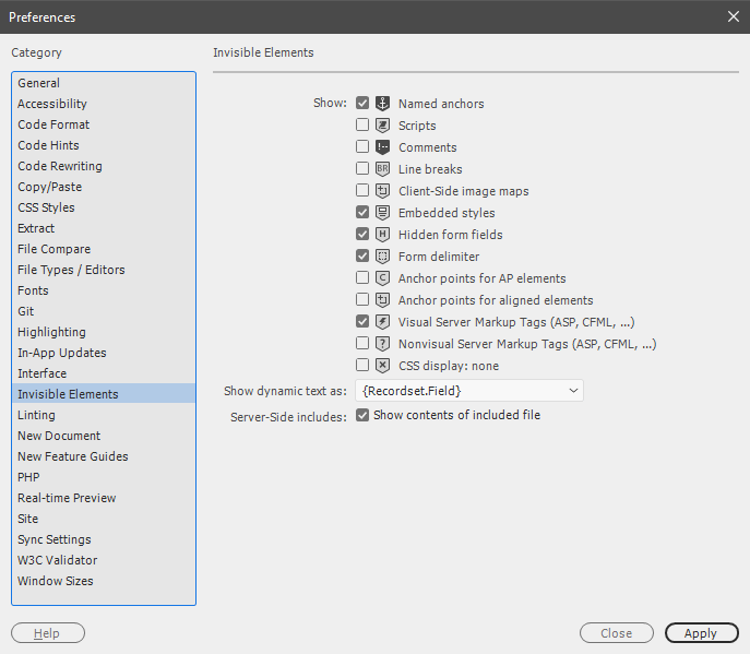 Preferences Dialog - Show contents of included file is checked